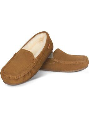 Women's Chestnut Suede Moccasin Slippers Lined Warm Cozy House Winter Shoes